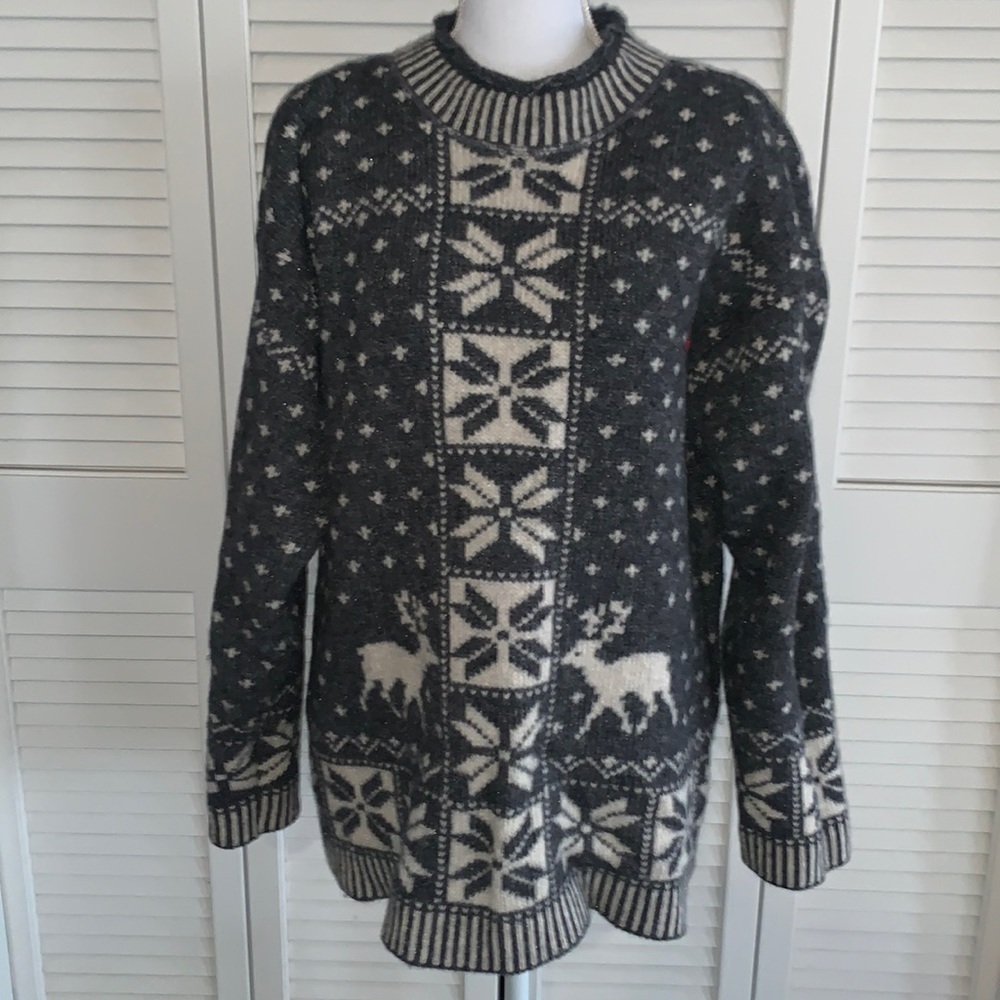 Unlimited Quest Clothing Gray White Wool Blend Mock Neck Sweater Deer Size L